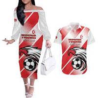 Custom Tunisia Football Couples Matching Off The Shoulder Long Sleeve Dress and Hawaiian Shirt Eagle Mascot - Sporty Style