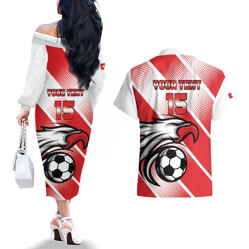 Custom Tunisia Football Couples Matching Off The Shoulder Long Sleeve Dress and Hawaiian Shirt Eagle Mascot - Sporty Style