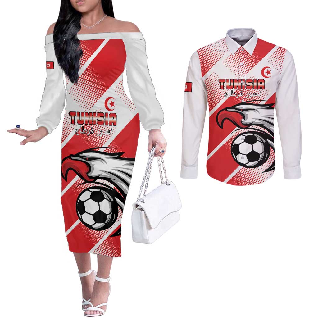 Custom Tunisia Football Couples Matching Off The Shoulder Long Sleeve Dress and Long Sleeve Button Shirt Eagle Mascot - Sporty Style