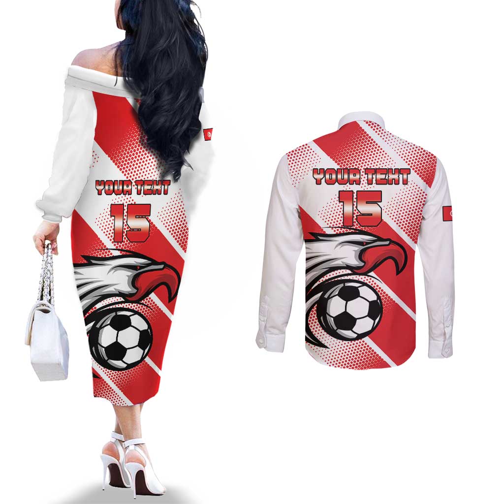 Custom Tunisia Football Couples Matching Off The Shoulder Long Sleeve Dress and Long Sleeve Button Shirt Eagle Mascot - Sporty Style