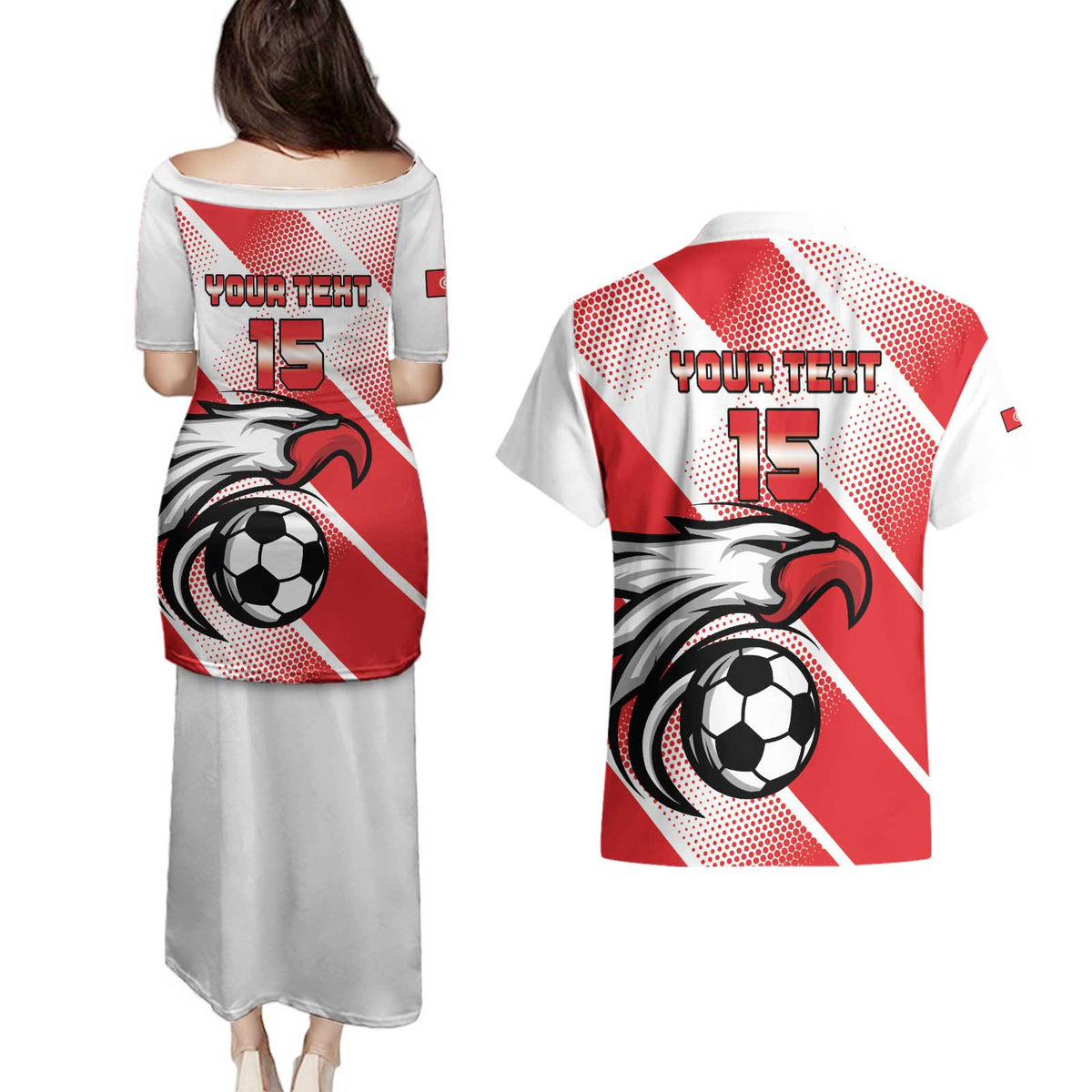 Custom Tunisia Football Couples Matching Puletasi and Hawaiian Shirt Eagle Mascot - Sporty Style