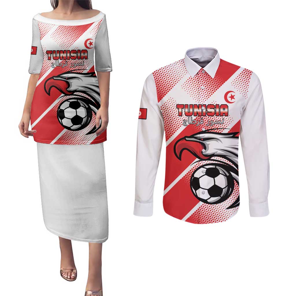 Custom Tunisia Football Couples Matching Puletasi and Long Sleeve Button Shirt Eagle Mascot - Sporty Style