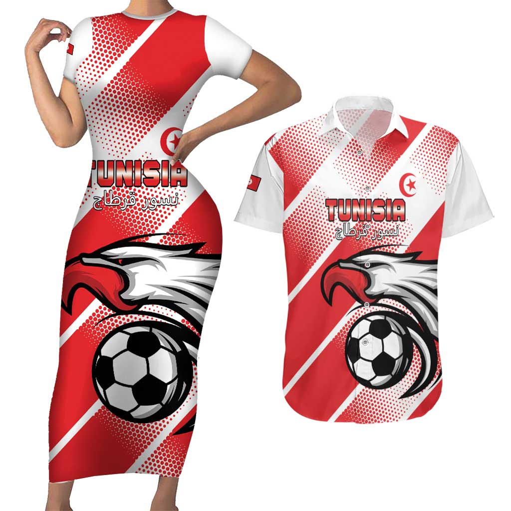 Custom Tunisia Football Couples Matching Short Sleeve Bodycon Dress and Hawaiian Shirt Eagle Mascot - Sporty Style