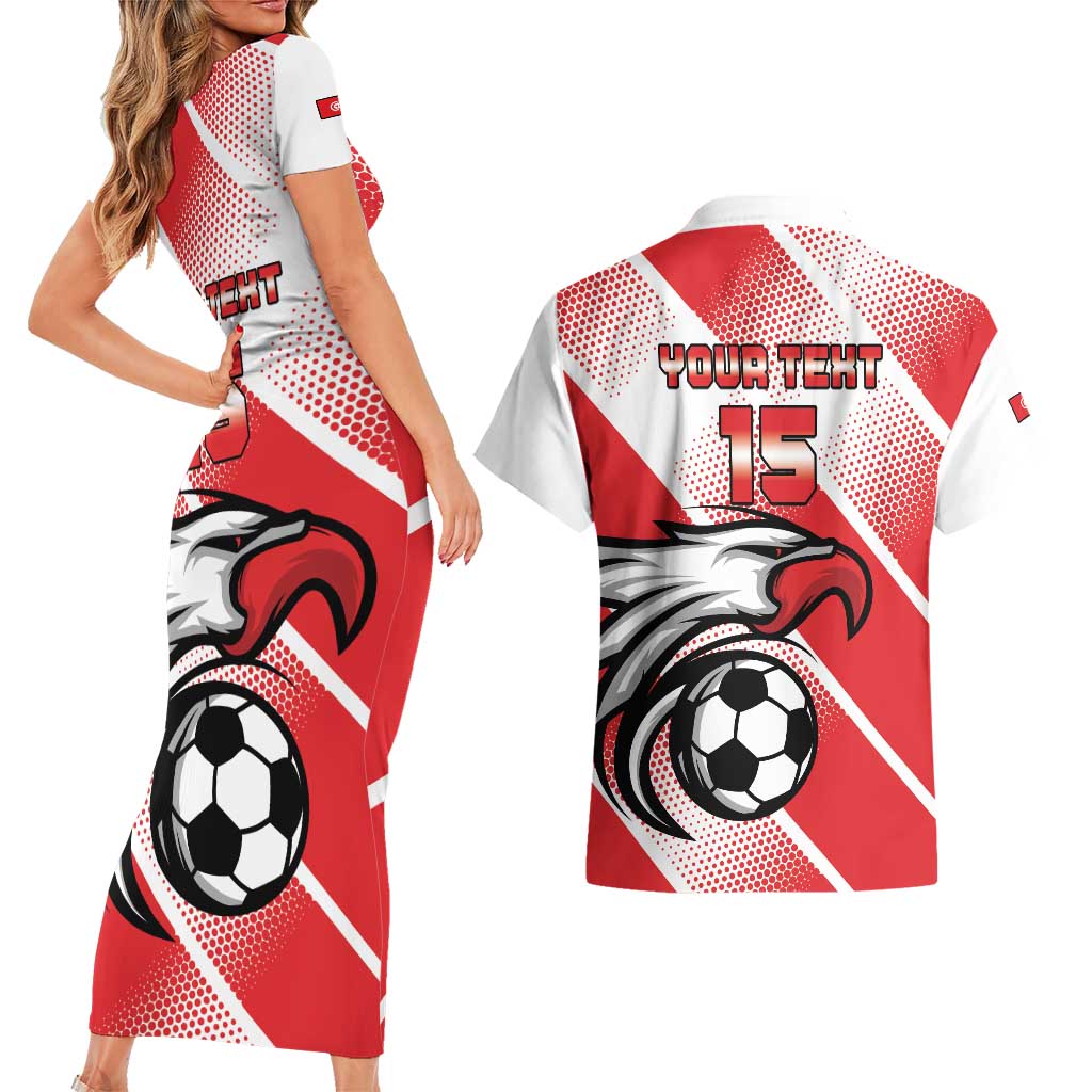 Custom Tunisia Football Couples Matching Short Sleeve Bodycon Dress and Hawaiian Shirt Eagle Mascot - Sporty Style