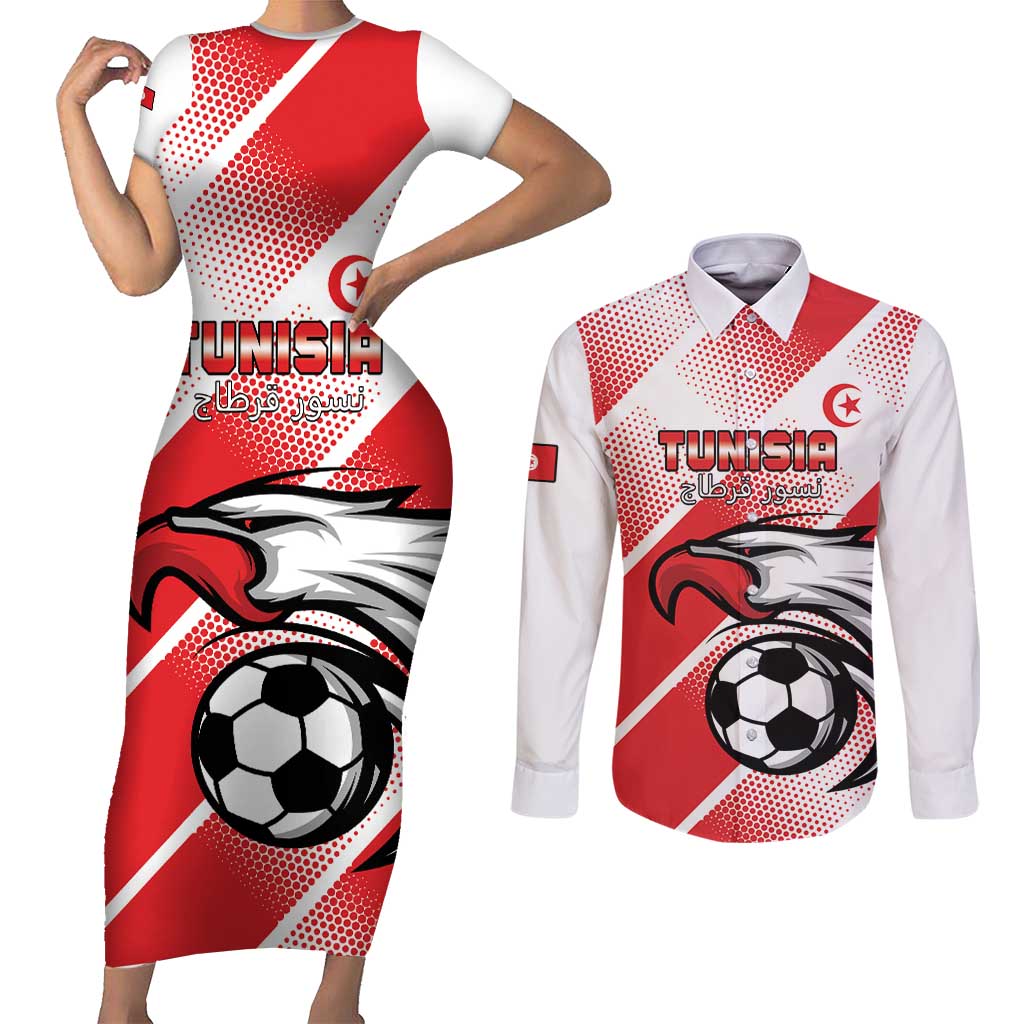 Custom Tunisia Football Couples Matching Short Sleeve Bodycon Dress and Long Sleeve Button Shirt Eagle Mascot - Sporty Style