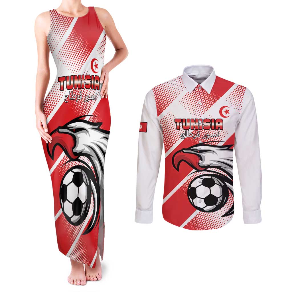 Custom Tunisia Football Couples Matching Tank Maxi Dress and Long Sleeve Button Shirt Eagle Mascot - Sporty Style