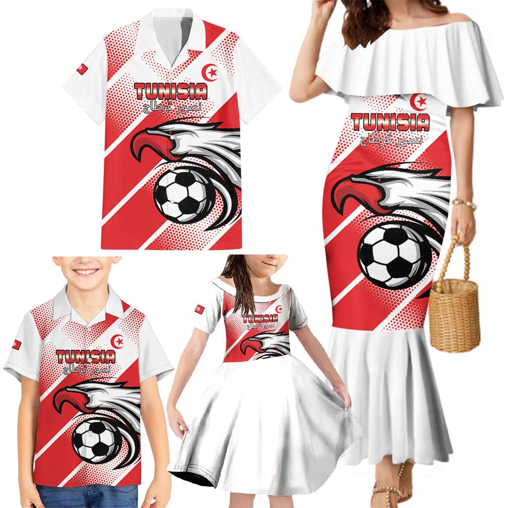 Custom Tunisia Football Family Matching Mermaid Dress and Hawaiian Shirt Eagle Mascot - Sporty Style