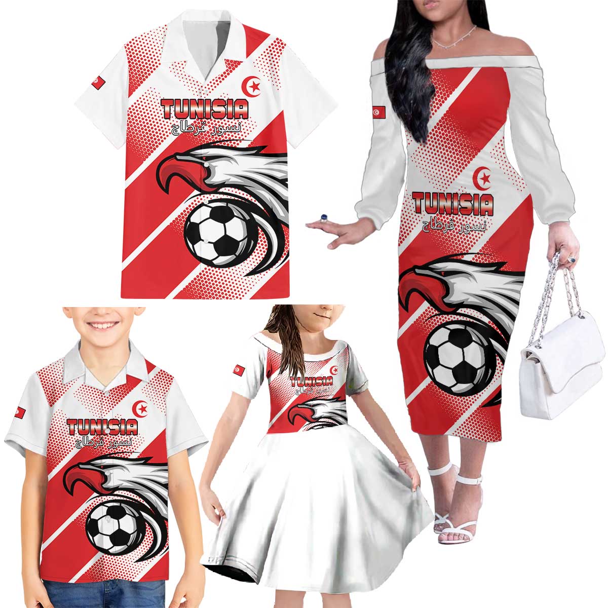 Custom Tunisia Football Family Matching Off The Shoulder Long Sleeve Dress and Hawaiian Shirt Eagle Mascot - Sporty Style