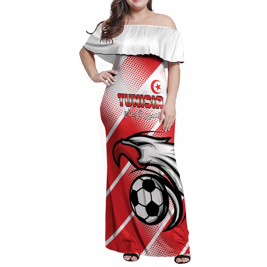 Custom Tunisia Football Family Matching Off Shoulder Maxi Dress and Hawaiian Shirt Eagle Mascot - Sporty Style