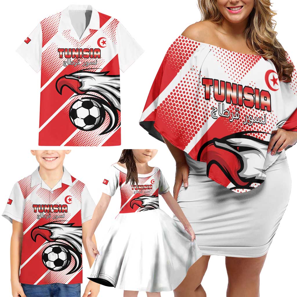 Custom Tunisia Football Family Matching Off Shoulder Short Dress and Hawaiian Shirt Eagle Mascot - Sporty Style