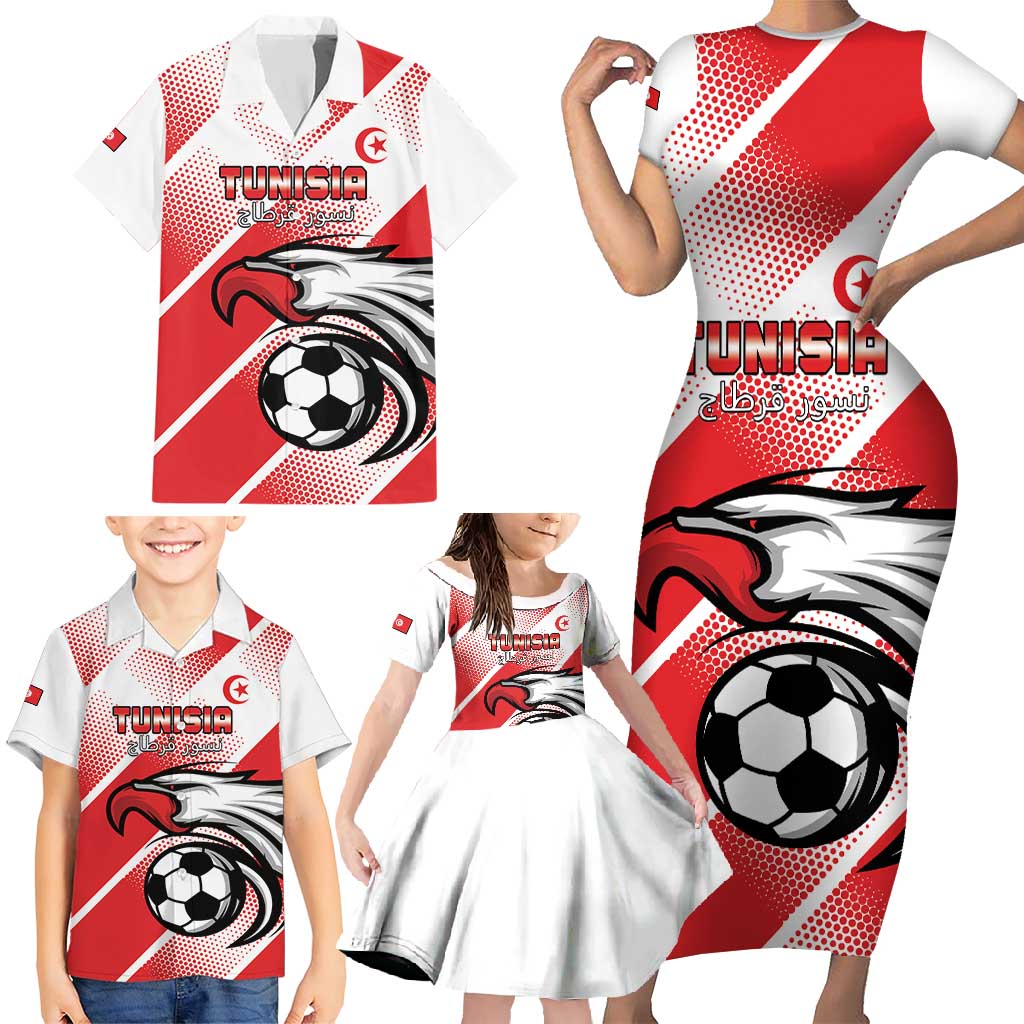 Custom Tunisia Football Family Matching Short Sleeve Bodycon Dress and Hawaiian Shirt Eagle Mascot - Sporty Style