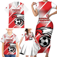Custom Tunisia Football Family Matching Short Sleeve Bodycon Dress and Hawaiian Shirt Eagle Mascot - Sporty Style