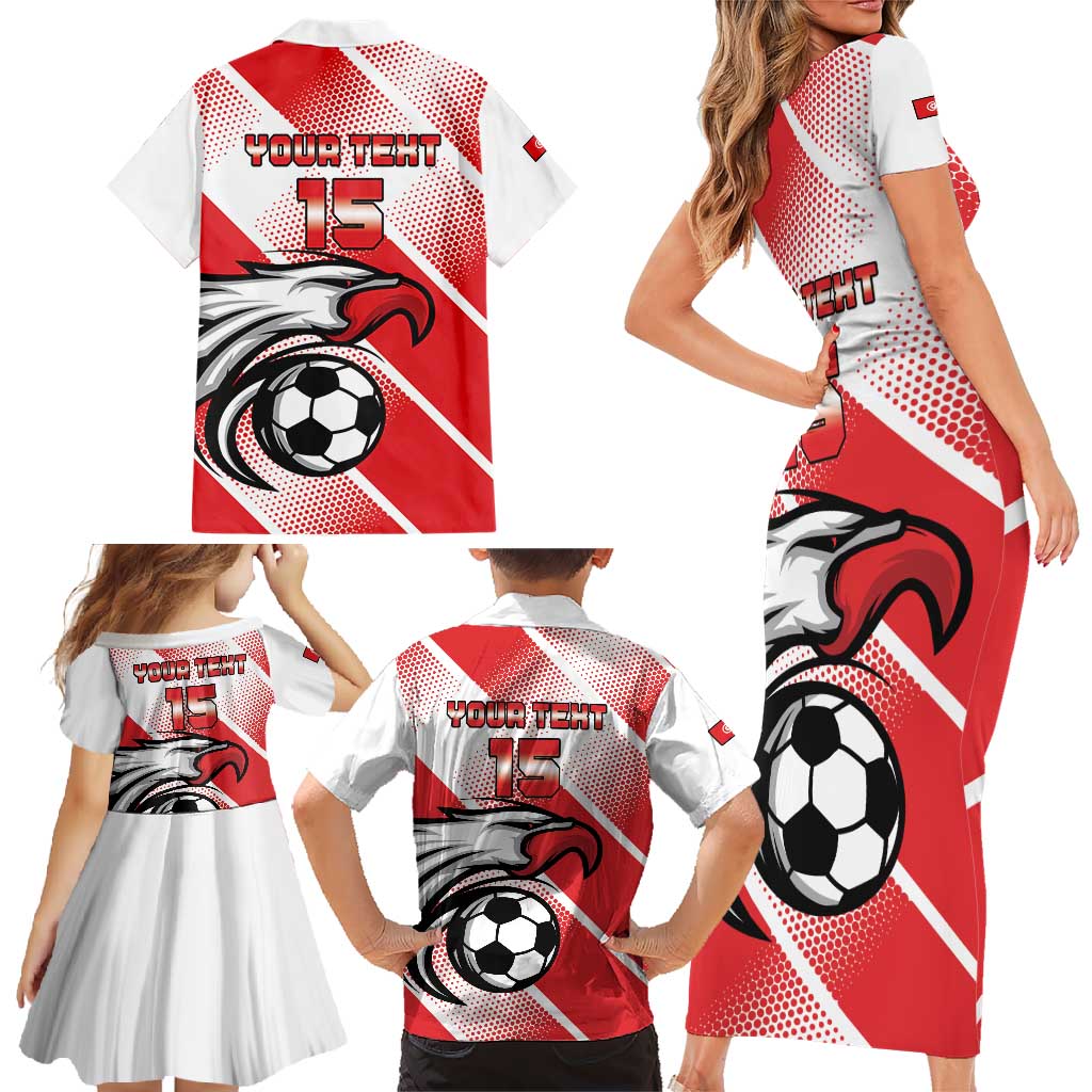 Custom Tunisia Football Family Matching Short Sleeve Bodycon Dress and Hawaiian Shirt Eagle Mascot - Sporty Style
