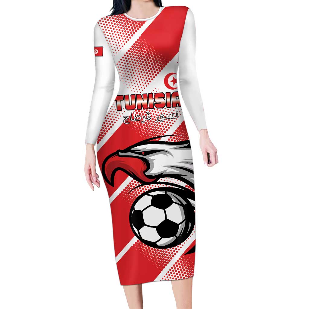 Custom Tunisia Football Long Sleeve Bodycon Dress Eagle Mascot - Sporty Style
