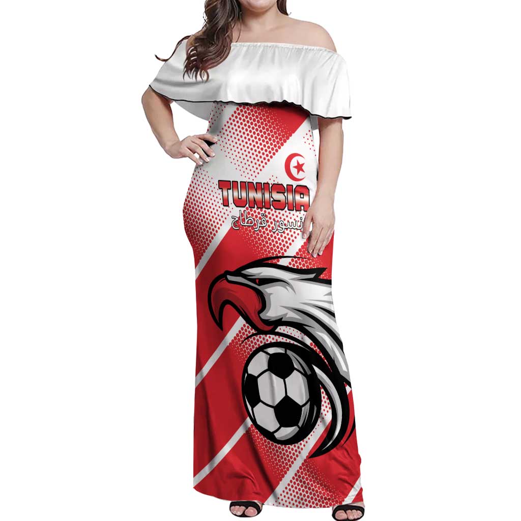 Custom Tunisia Football Off Shoulder Maxi Dress Eagle Mascot - Sporty Style