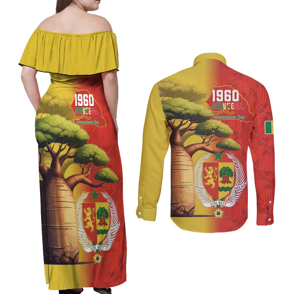 Senegal Independence Day Couples Matching Off Shoulder Maxi Dress and Long Sleeve Button Shirt Lion With Baobab