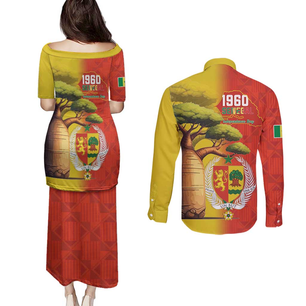 Senegal Independence Day Couples Matching Puletasi and Long Sleeve Button Shirt Lion With Baobab
