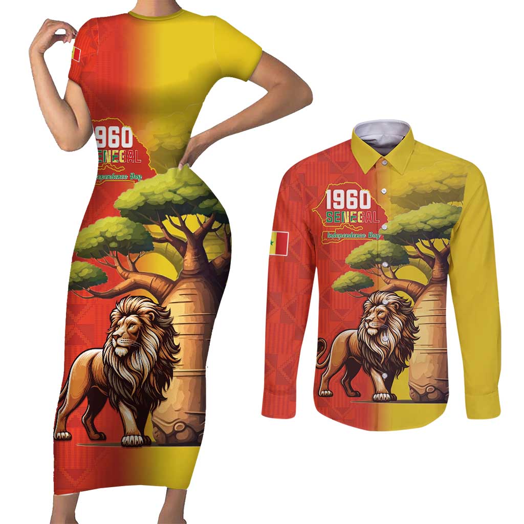 Senegal Independence Day Couples Matching Short Sleeve Bodycon Dress and Long Sleeve Button Shirt Lion With Baobab