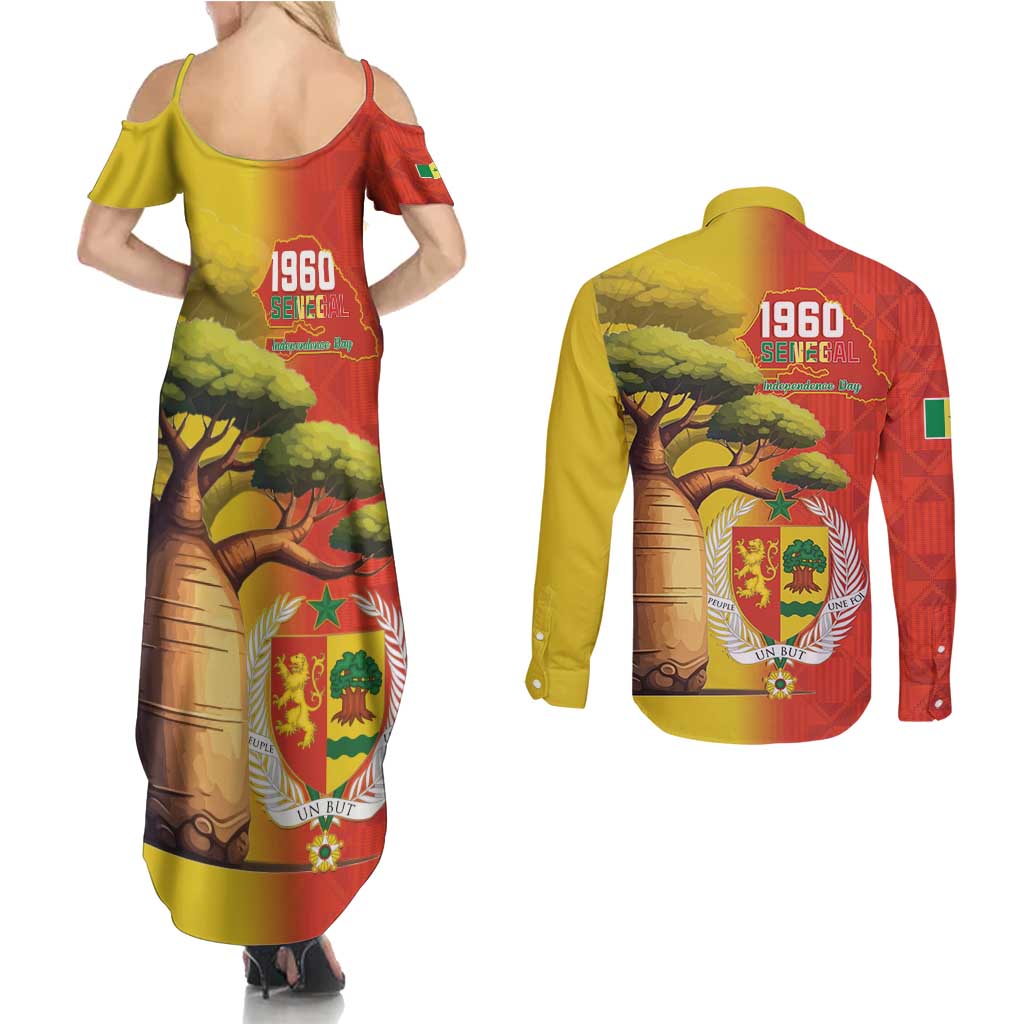 Senegal Independence Day Couples Matching Summer Maxi Dress and Long Sleeve Button Shirt Lion With Baobab