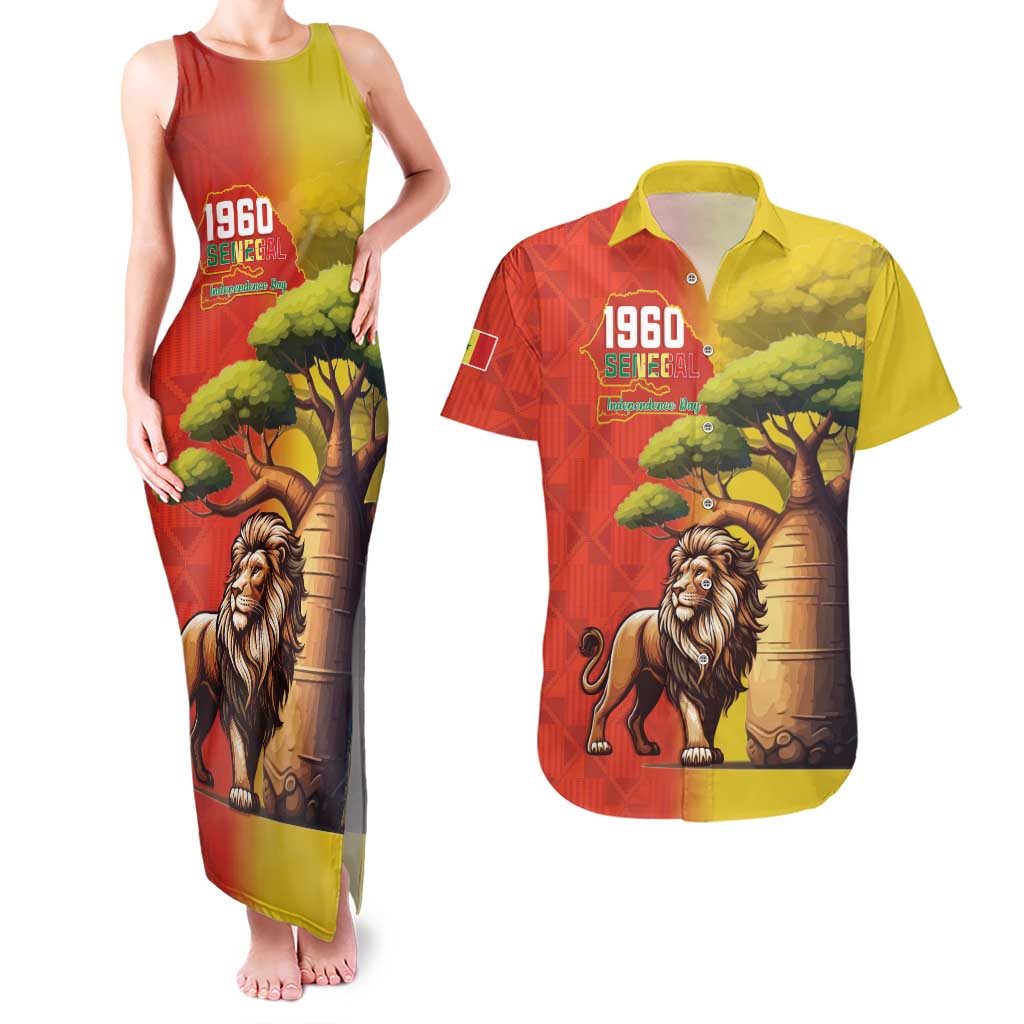 Senegal Independence Day Couples Matching Tank Maxi Dress and Hawaiian Shirt Lion With Baobab