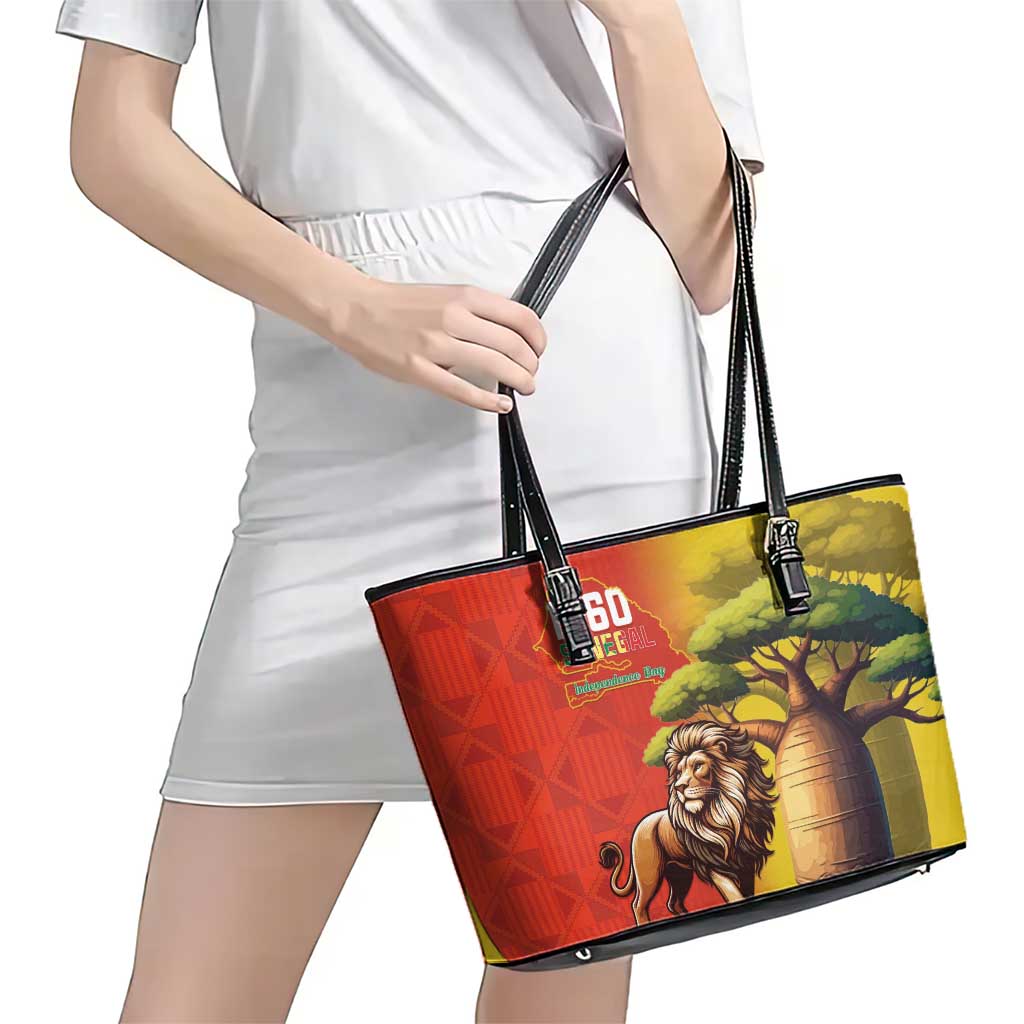 Senegal Independence Day Leather Tote Bag Lion With Baobab