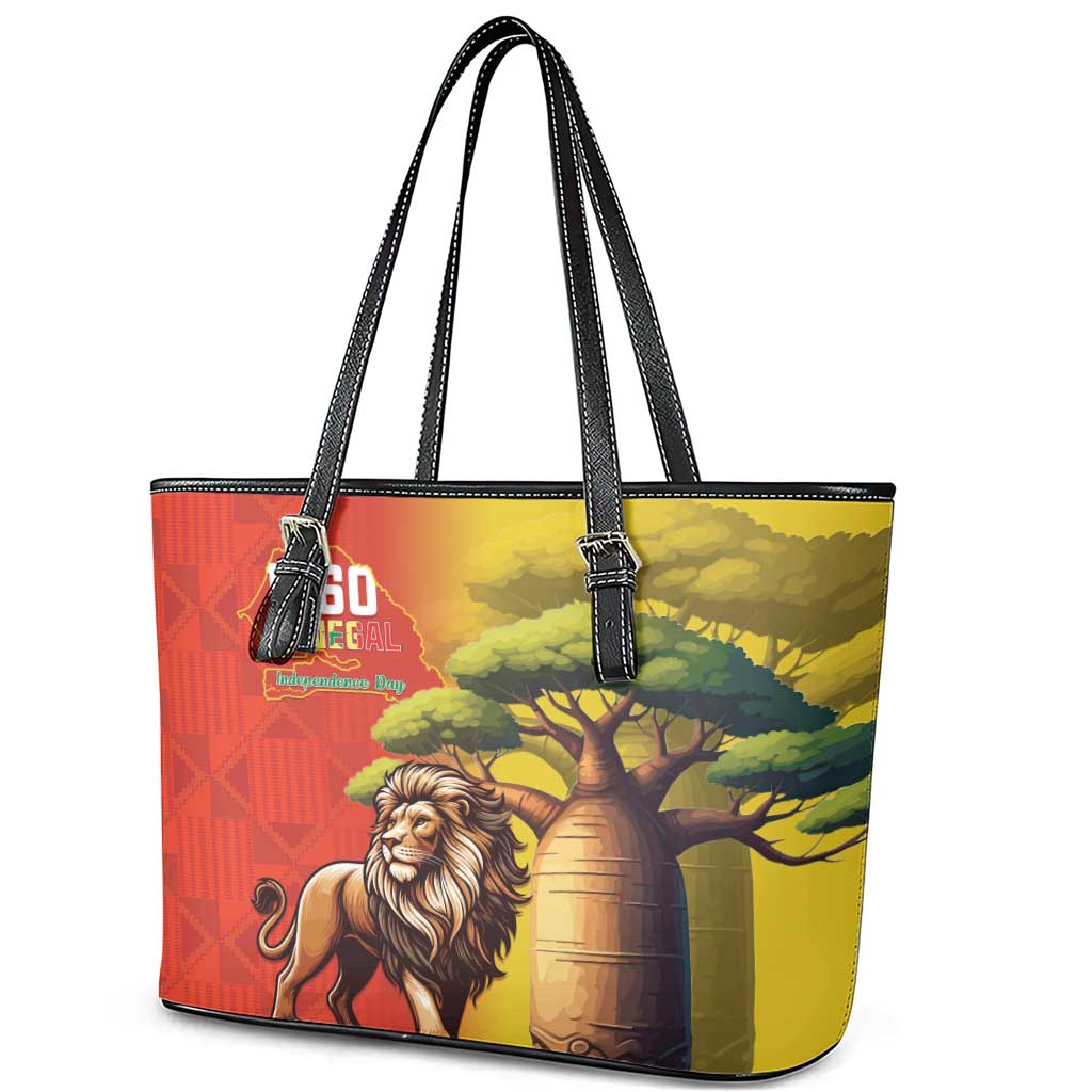 Senegal Independence Day Leather Tote Bag Lion With Baobab