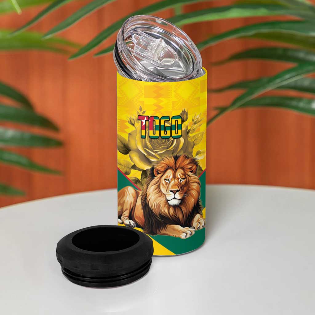 Togo Independence Day 4 in 1 Can Cooler Tumbler Lion With Coat Of Arms Kente Pattern