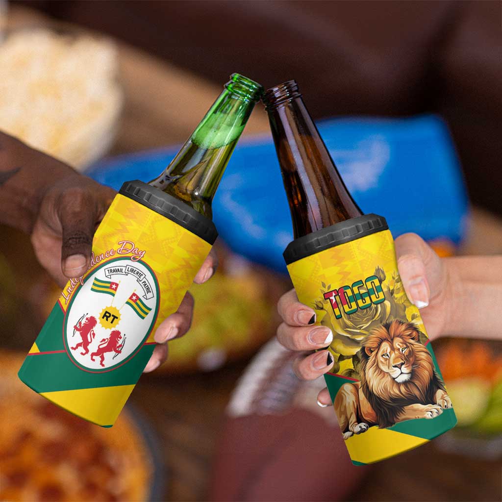 Togo Independence Day 4 in 1 Can Cooler Tumbler Lion With Coat Of Arms Kente Pattern
