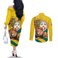 Togo Independence Day Couples Matching Off The Shoulder Long Sleeve Dress and Long Sleeve Button Shirt Lion With Coat Of Arms Kente Pattern