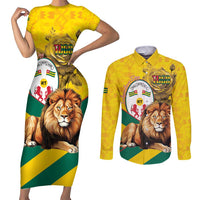 Togo Independence Day Couples Matching Short Sleeve Bodycon Dress and Long Sleeve Button Shirt Lion With Coat Of Arms Kente Pattern