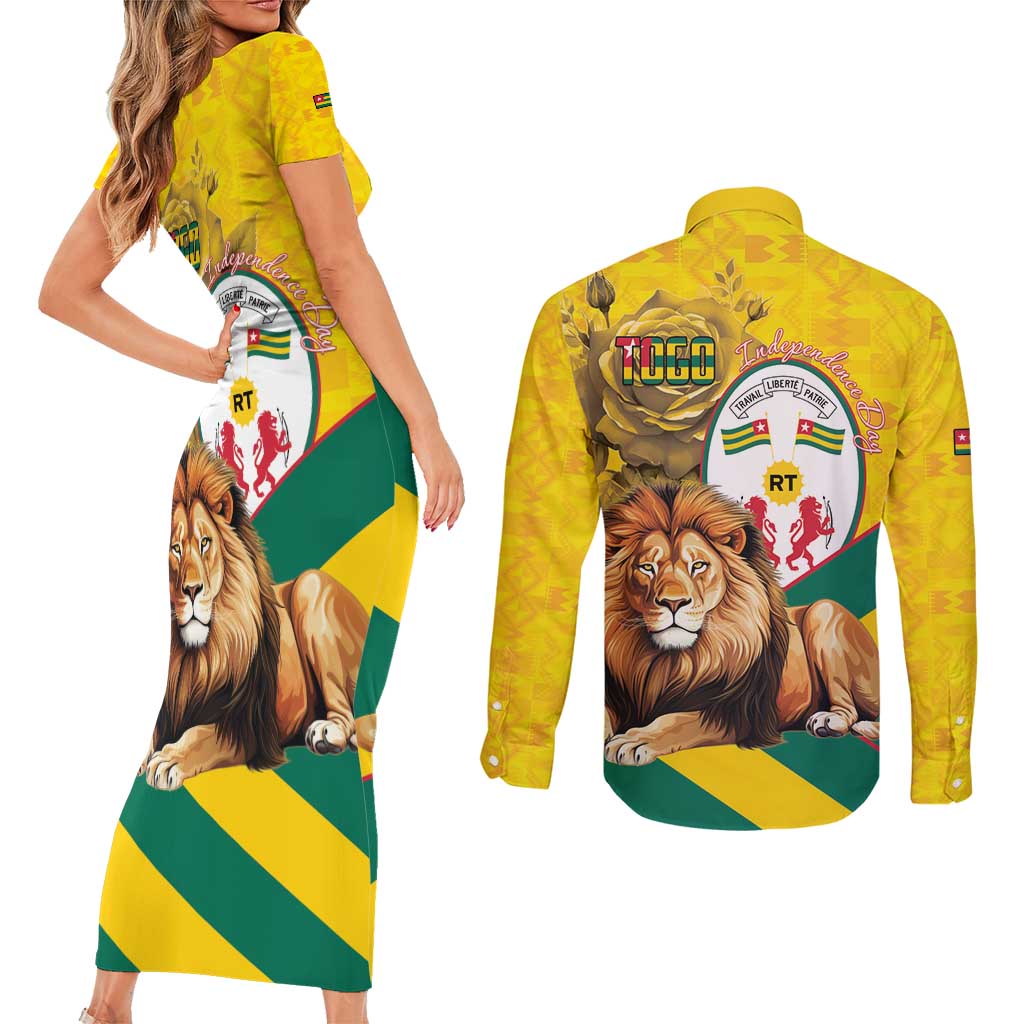 Togo Independence Day Couples Matching Short Sleeve Bodycon Dress and Long Sleeve Button Shirt Lion With Coat Of Arms Kente Pattern