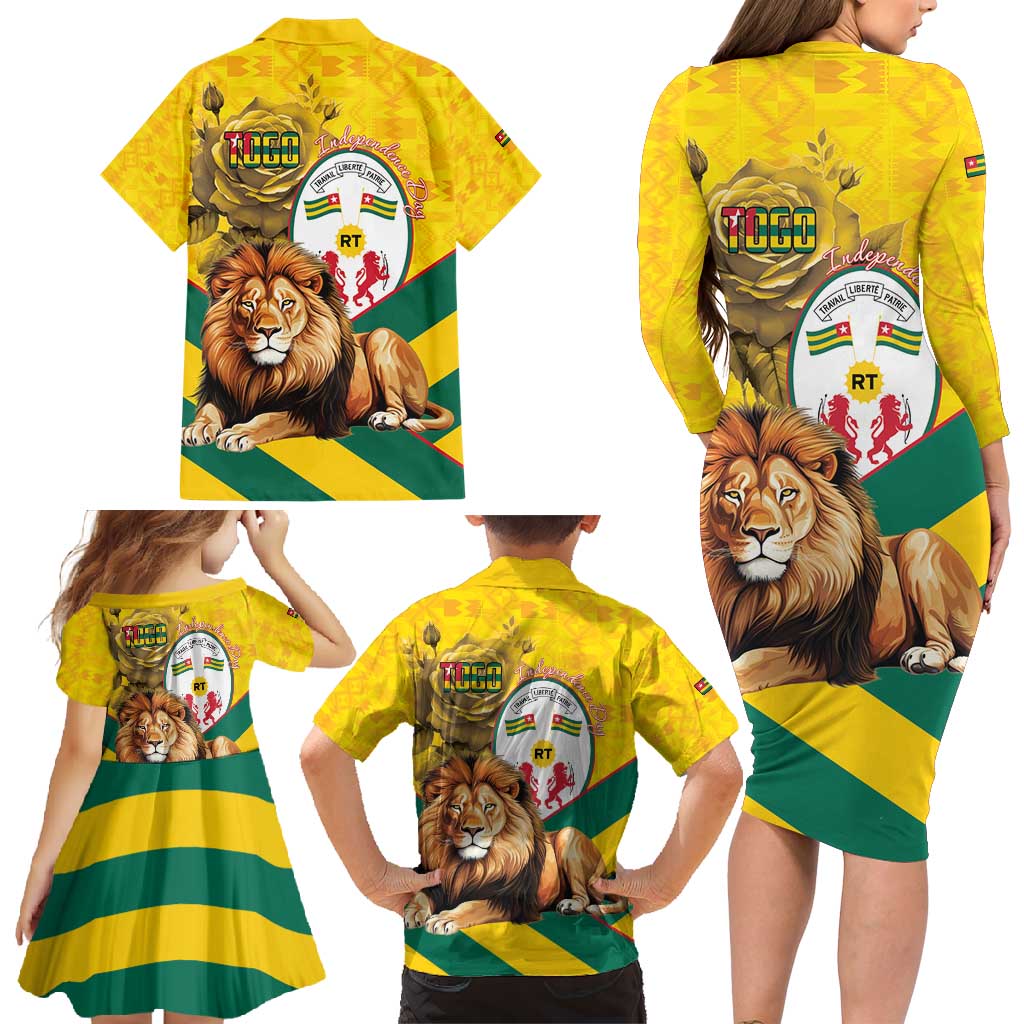Togo Independence Day Family Matching Long Sleeve Bodycon Dress and Hawaiian Shirt Lion With Coat Of Arms Kente Pattern
