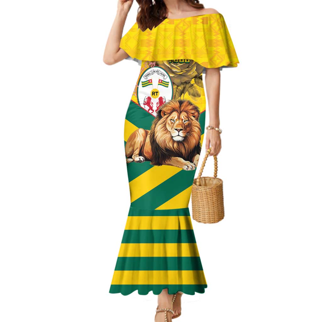 Togo Independence Day Family Matching Mermaid Dress and Hawaiian Shirt Lion With Coat Of Arms Kente Pattern