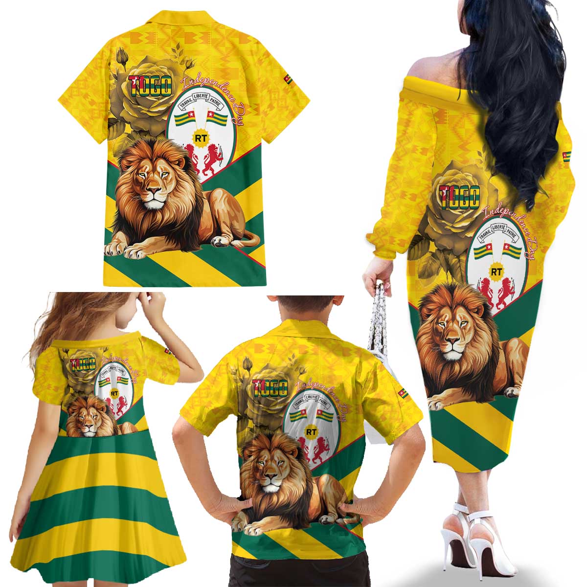 Togo Independence Day Family Matching Off The Shoulder Long Sleeve Dress and Hawaiian Shirt Lion With Coat Of Arms Kente Pattern