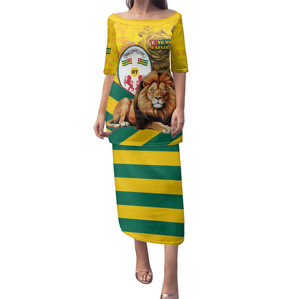 Togo Independence Day Family Matching Puletasi and Hawaiian Shirt Lion With Coat Of Arms Kente Pattern