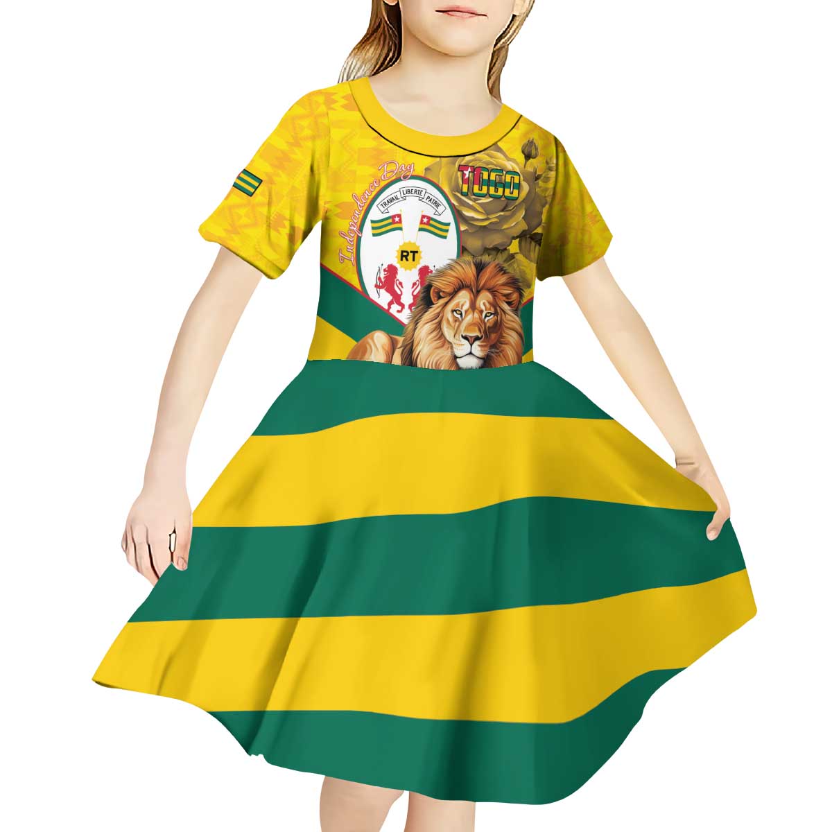 Togo Independence Day Kid Short Sleeve Dress Lion With Coat Of Arms Kente Pattern