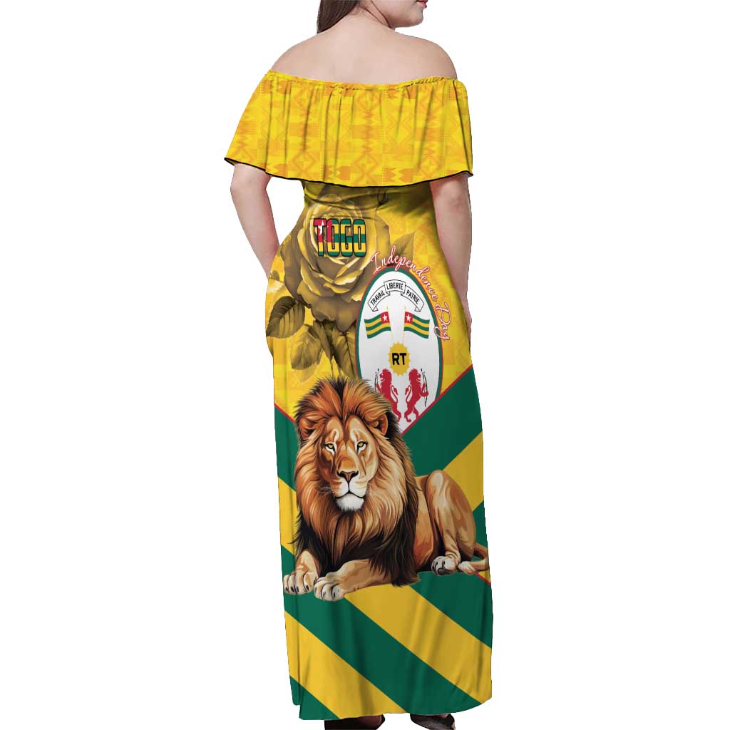 Togo Independence Day Off Shoulder Maxi Dress Lion With Coat Of Arms Kente Pattern