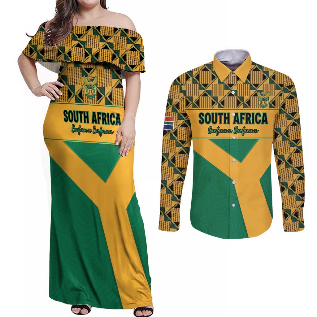 Custom South Africa Soccer Couples Matching Off Shoulder Maxi Dress and Long Sleeve Button Shirt Go Champions
