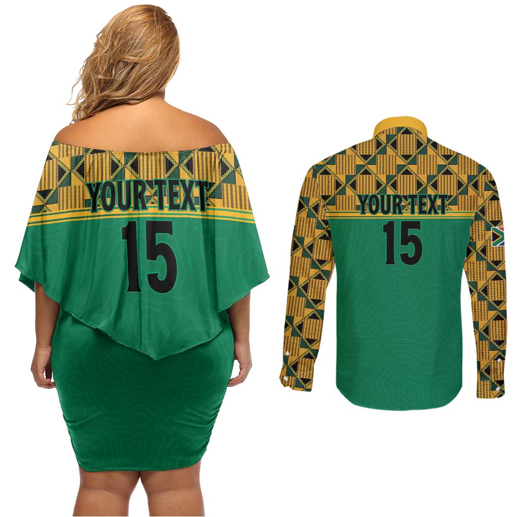Custom South Africa Soccer Couples Matching Off Shoulder Short Dress and Long Sleeve Button Shirt Go Champions