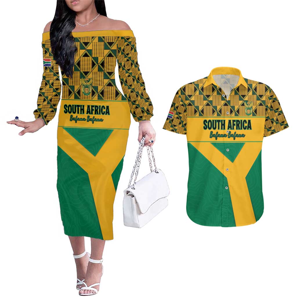 Custom South Africa Soccer Couples Matching Off The Shoulder Long Sleeve Dress and Hawaiian Shirt Go Champions