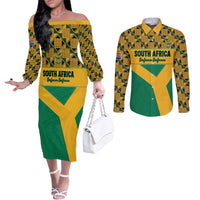 Custom South Africa Soccer Couples Matching Off The Shoulder Long Sleeve Dress and Long Sleeve Button Shirt Go Champions