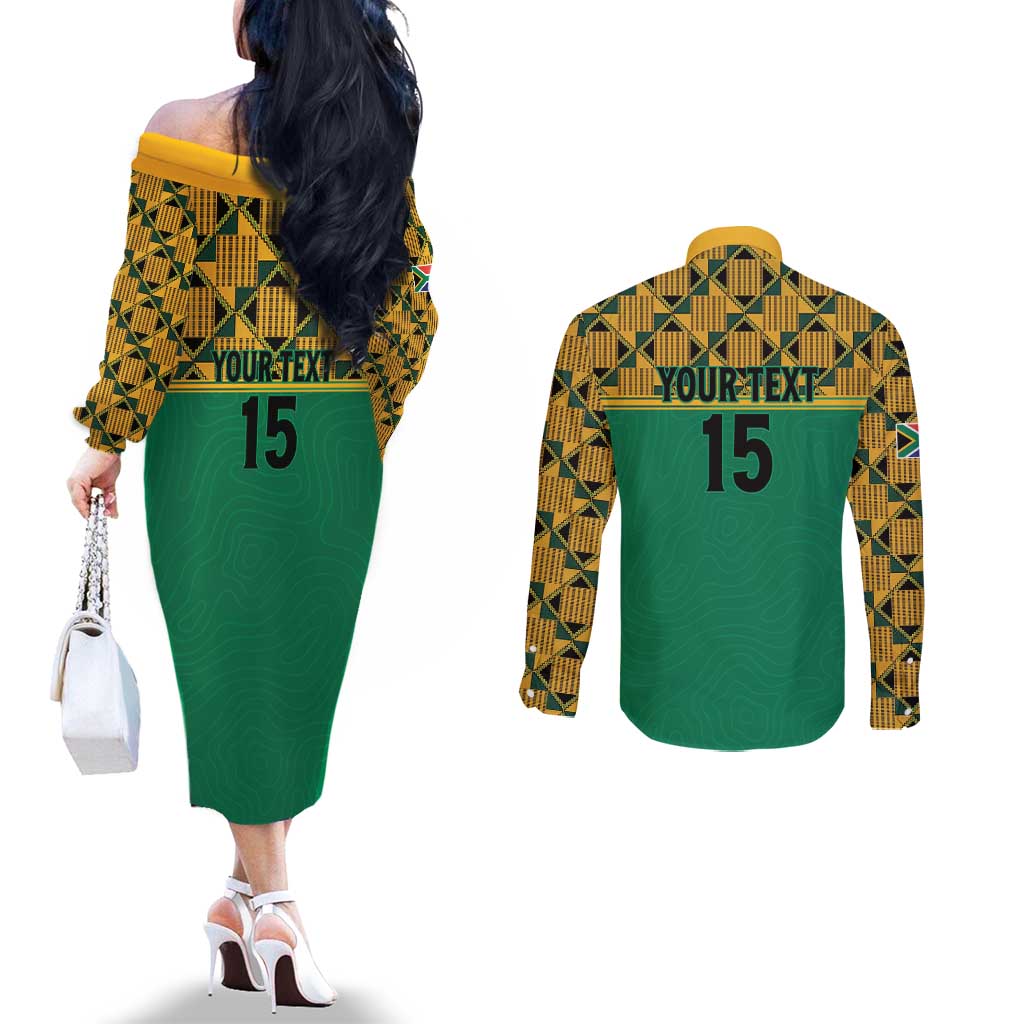 Custom South Africa Soccer Couples Matching Off The Shoulder Long Sleeve Dress and Long Sleeve Button Shirt Go Champions