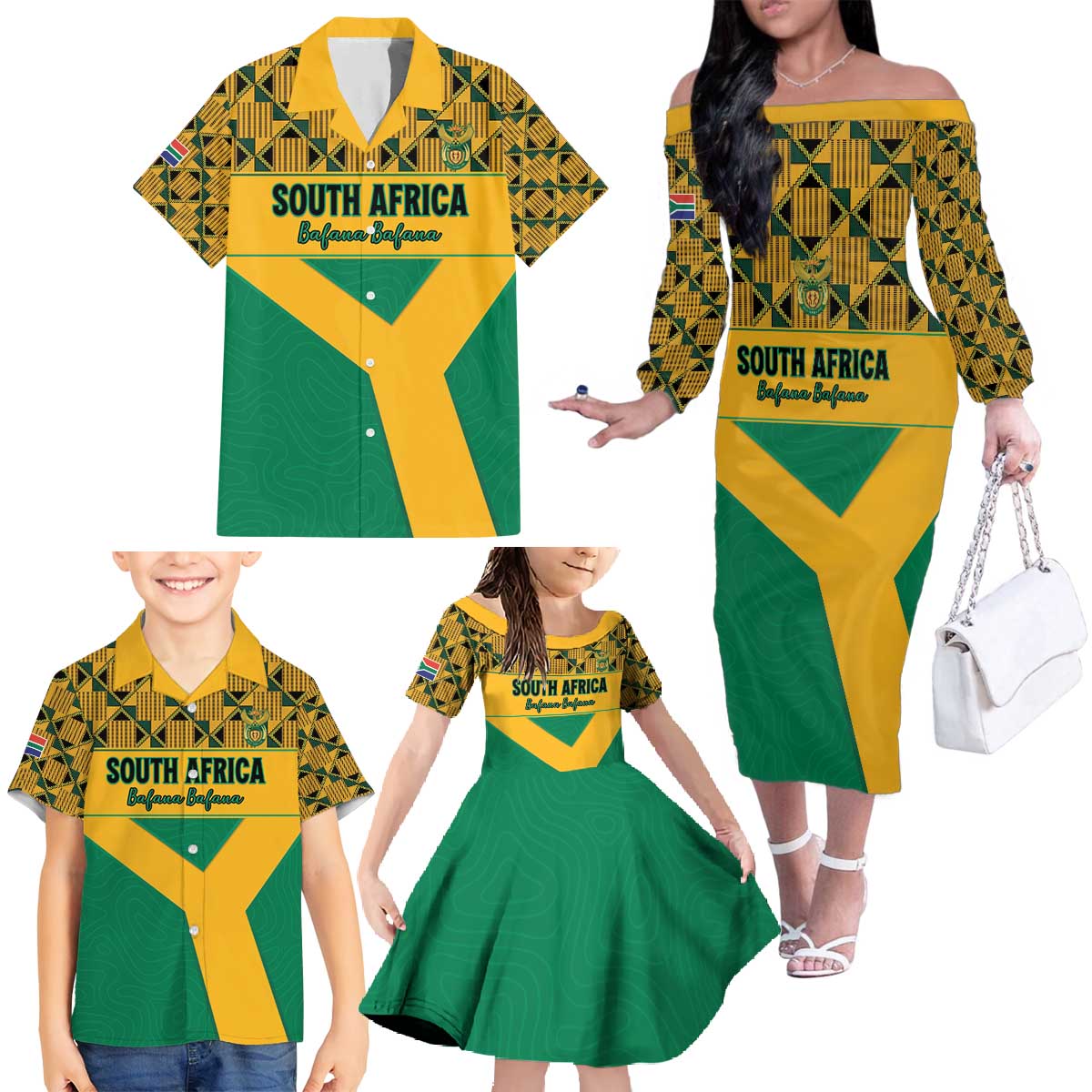 Custom South Africa Soccer Family Matching Off The Shoulder Long Sleeve Dress and Hawaiian Shirt Go Champions