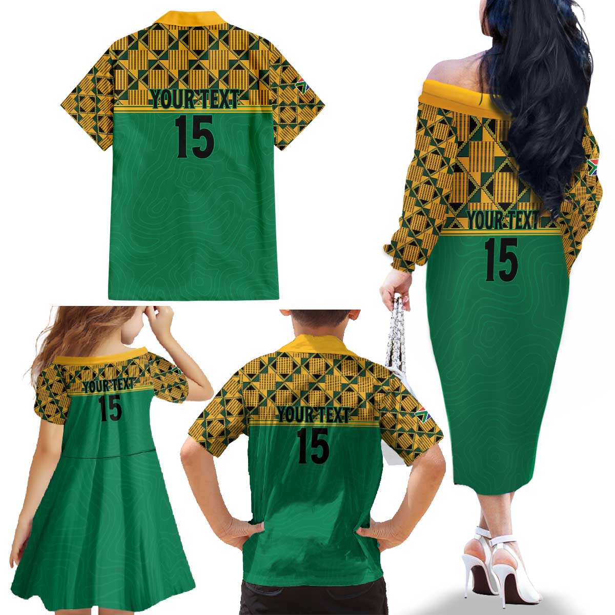Custom South Africa Soccer Family Matching Off The Shoulder Long Sleeve Dress and Hawaiian Shirt Go Champions