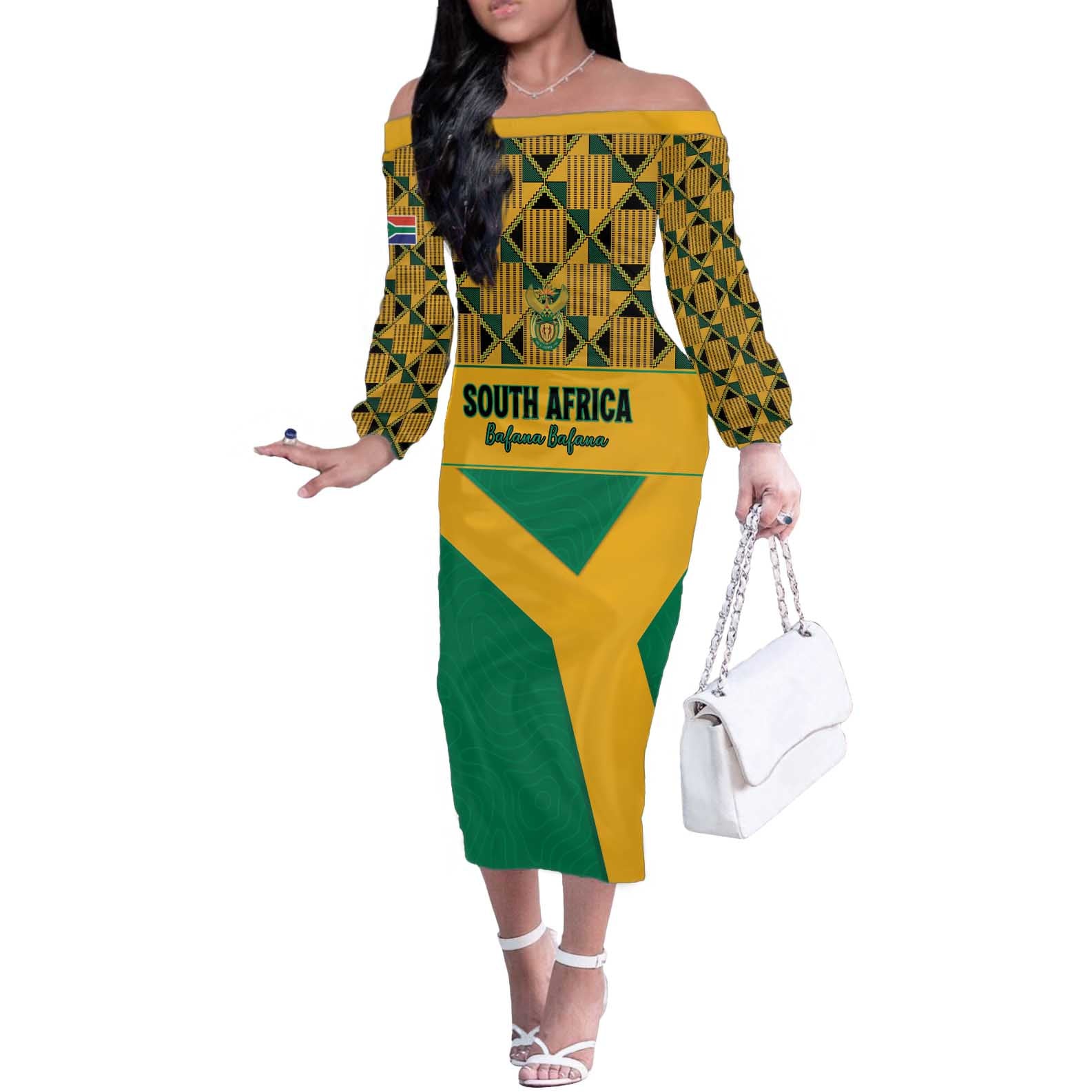 Custom South Africa Soccer Off The Shoulder Long Sleeve Dress Go Champions
