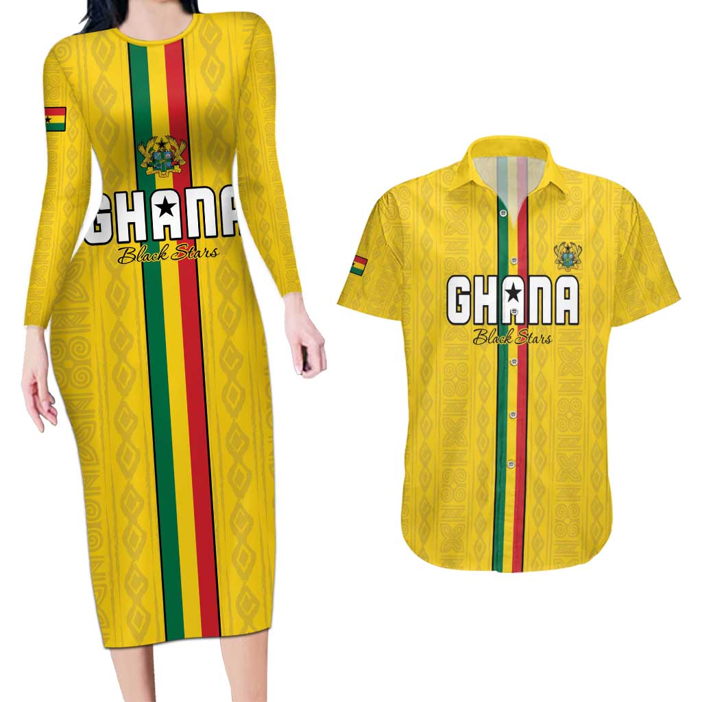 Custom Ghana Football Couples Matching Long Sleeve Bodycon Dress and Hawaiian Shirt Go Black Stars Go