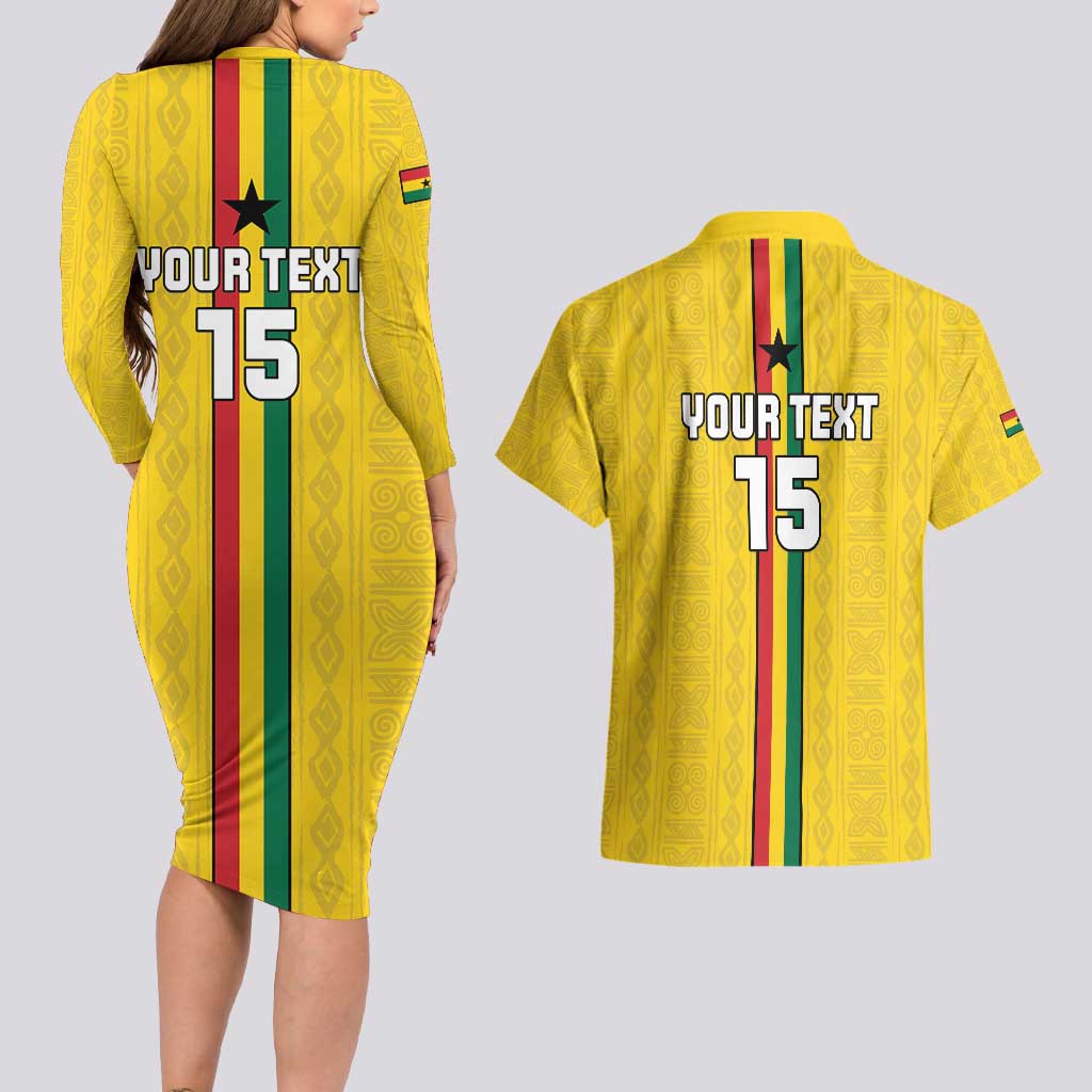 Custom Ghana Football Couples Matching Long Sleeve Bodycon Dress and Hawaiian Shirt Go Black Stars Go