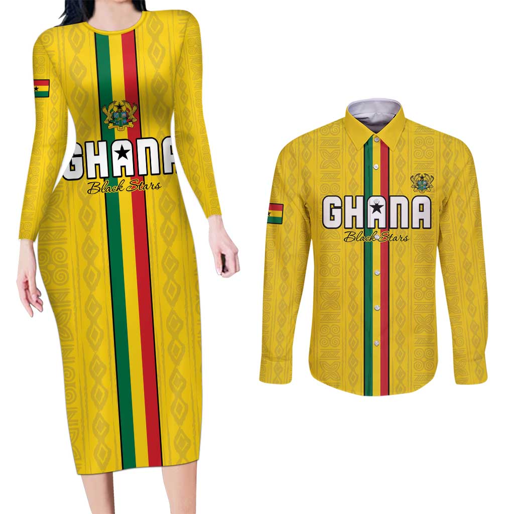 Custom Ghana Football Couples Matching Long Sleeve Bodycon Dress and Long Sleeve Button Shirt Go Black Stars Go