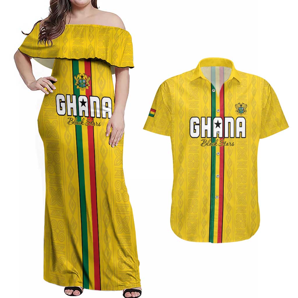 Custom Ghana Football Couples Matching Off Shoulder Maxi Dress and Hawaiian Shirt Go Black Stars Go