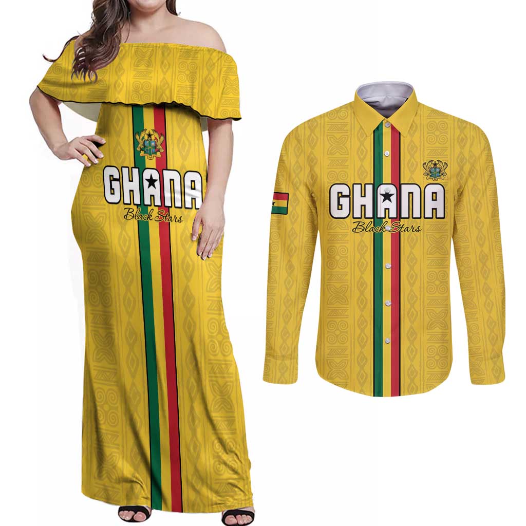 Custom Ghana Football Couples Matching Off Shoulder Maxi Dress and Long Sleeve Button Shirt Go Black Stars Go